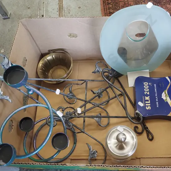 box; plate stands, candelabra, glass vase etc