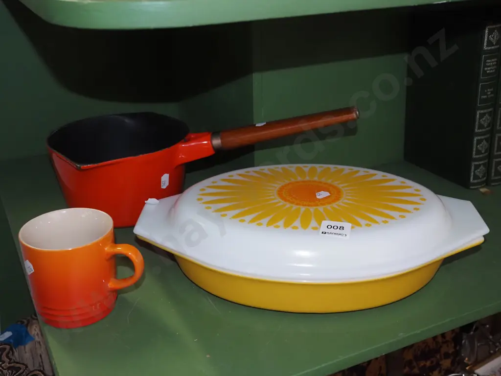 pyrex dish, cast iron and enamel pot, Le Creuset coffee cup Image 1++