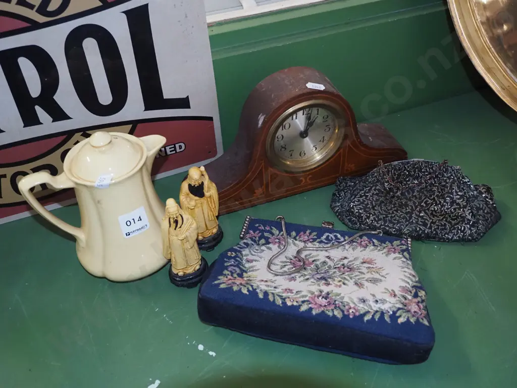 small mantle clock, figurines, purses, small cream teapot H120 Image 1++