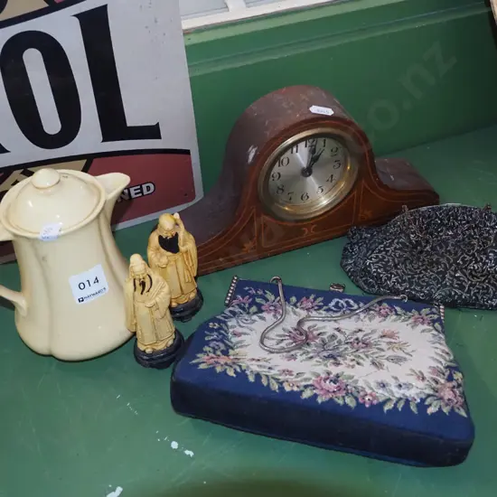small mantle clock, figurines, purses, small cream teapot H120