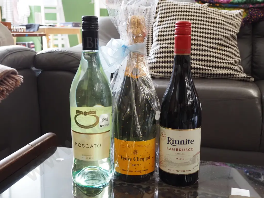 3 bottles of wine - Veuve Cliquot Champagne, Moscato and Riunite red wine Image 1++