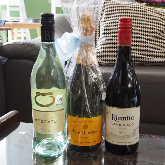 3 bottles of wine - Veuve Cliquot Champagne, Moscato and Riunite red wine
