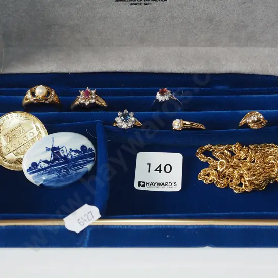 Otago Centennial coin, Delft brooch, golden chain, dress rings