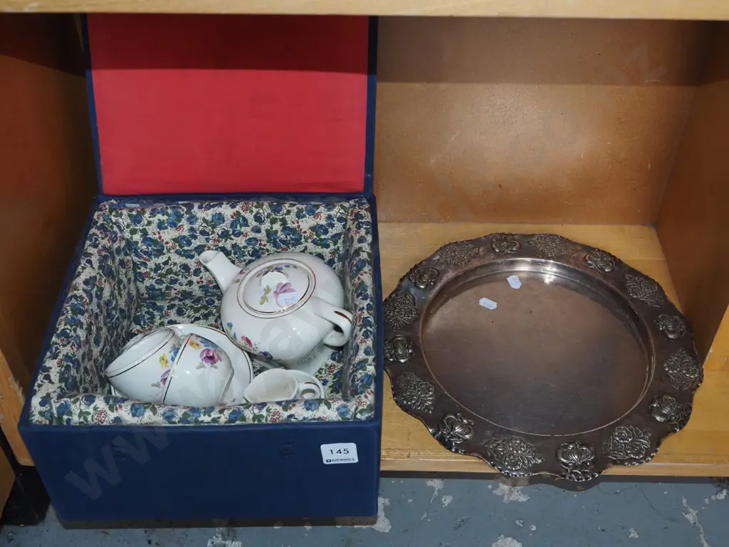 pressed plated ware tray, Corona floral tea set in box Image 1++