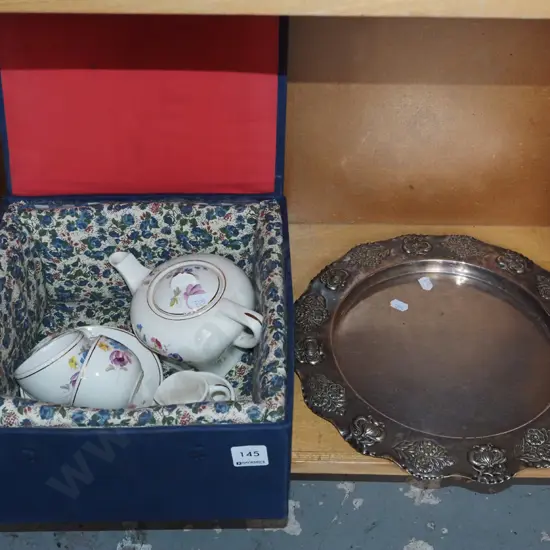pressed plated ware tray, Corona floral tea set in box
