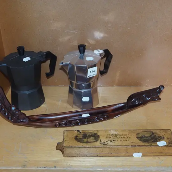 2x stove top espresso makers, carved waka, razor hone