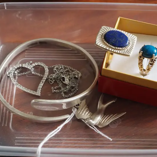 tray; bangle, pendants, costume rings