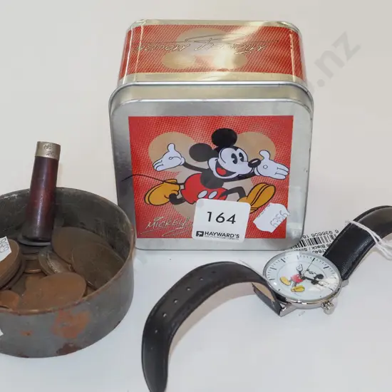Mickey Mouse watch, tin of coins