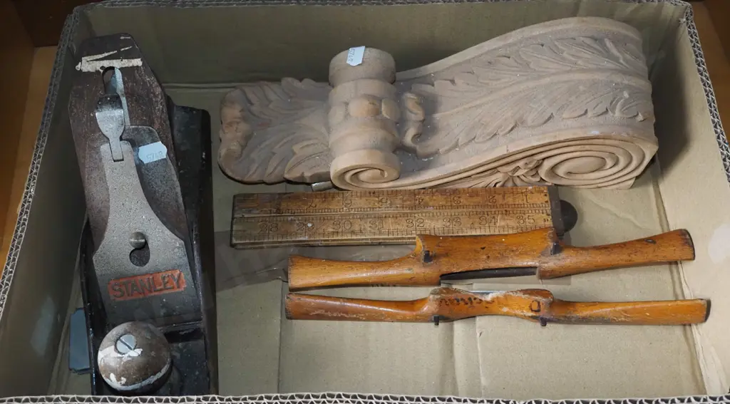box; carved wooden corbel, Stanley plane etc Image 1++