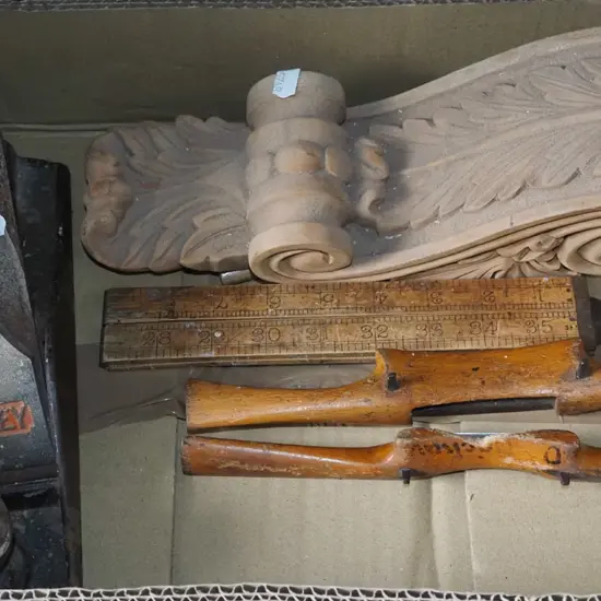 box; carved wooden corbel, Stanley plane etc