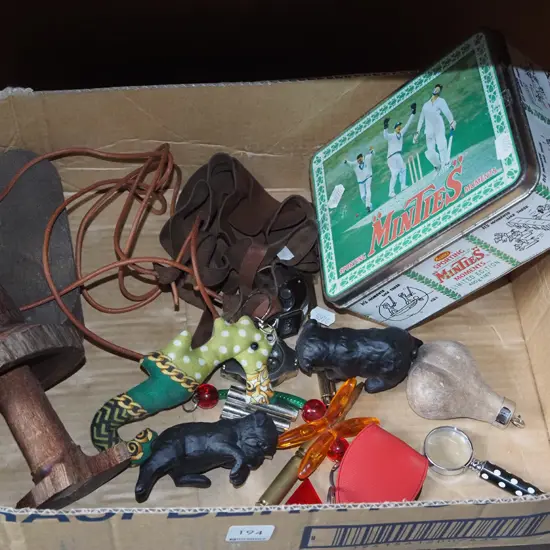 box; figurines, leather basket for hanging jardinere, minties tin etc