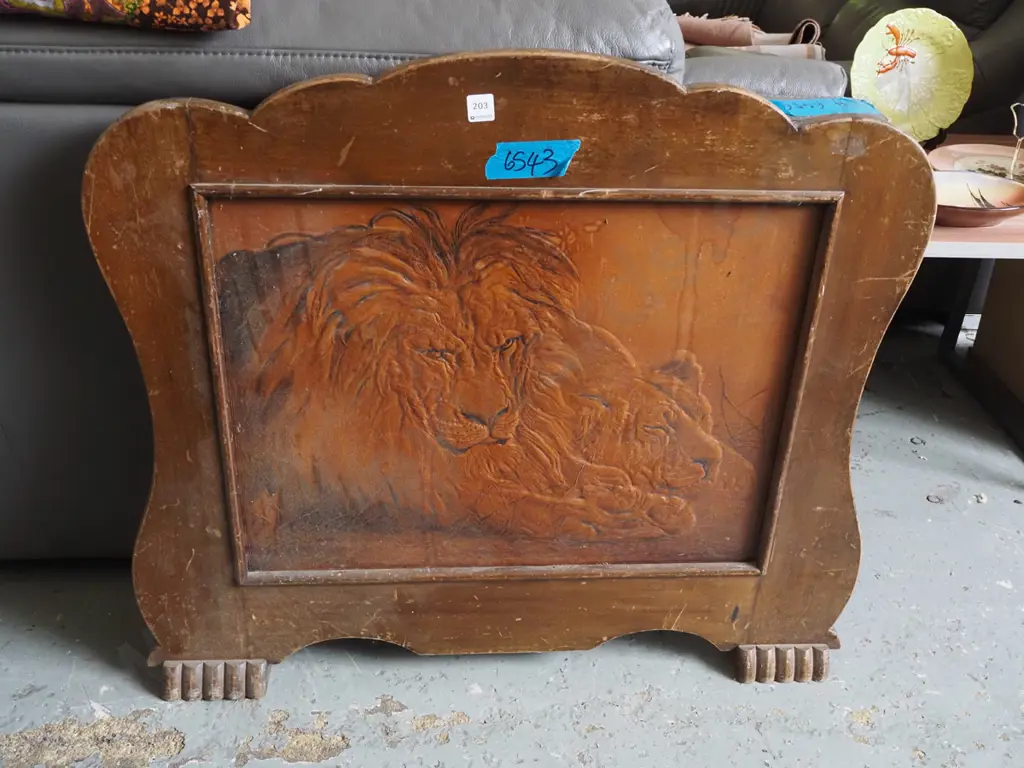 wood and tooled leather fire surround - sleeping lions H800 W870 Image 1++