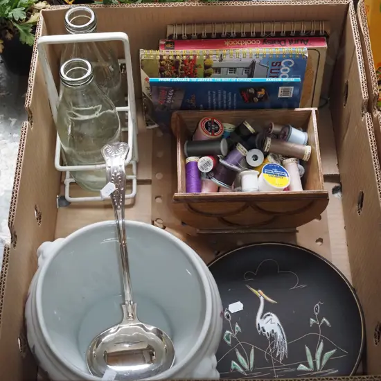 box; cookbooks, soup bowl, ladle etc