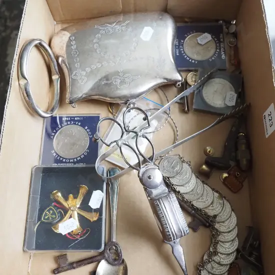 box; coins, plated clutch purse, tongs, candle snuffer etc