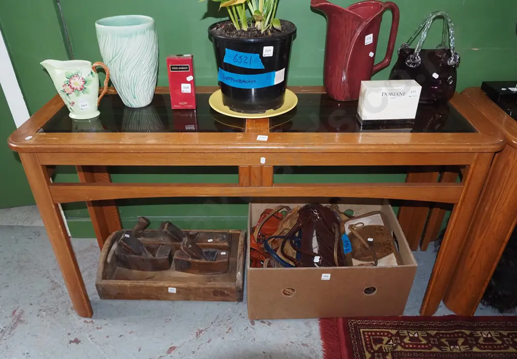 oak smoked glass top hall table - varnish needs attention H660 W1265 D400 Image 1++