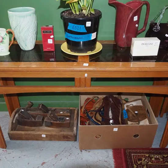 oak smoked glass top hall table - varnish needs attention H660 W1265 D400