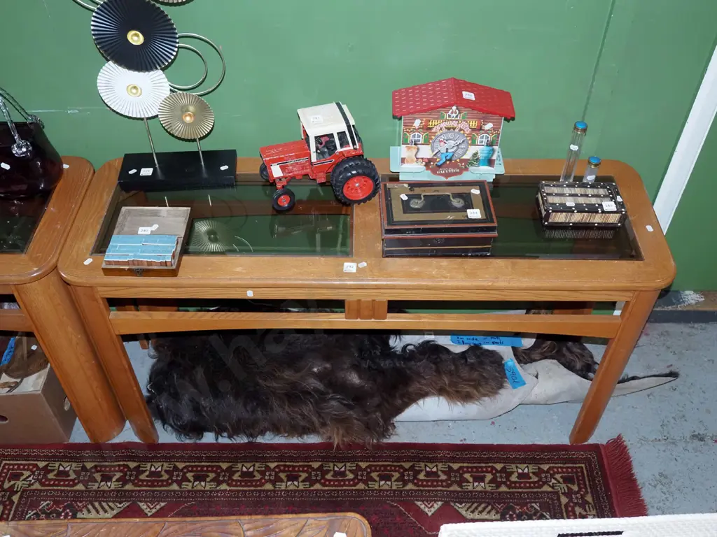 oak smoked glass top hall table - varnish needs attention H660 W1265 D400 Image 1++