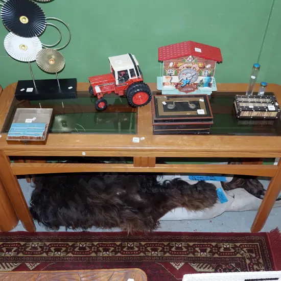 oak smoked glass top hall table - varnish needs attention H660 W1265 D400
