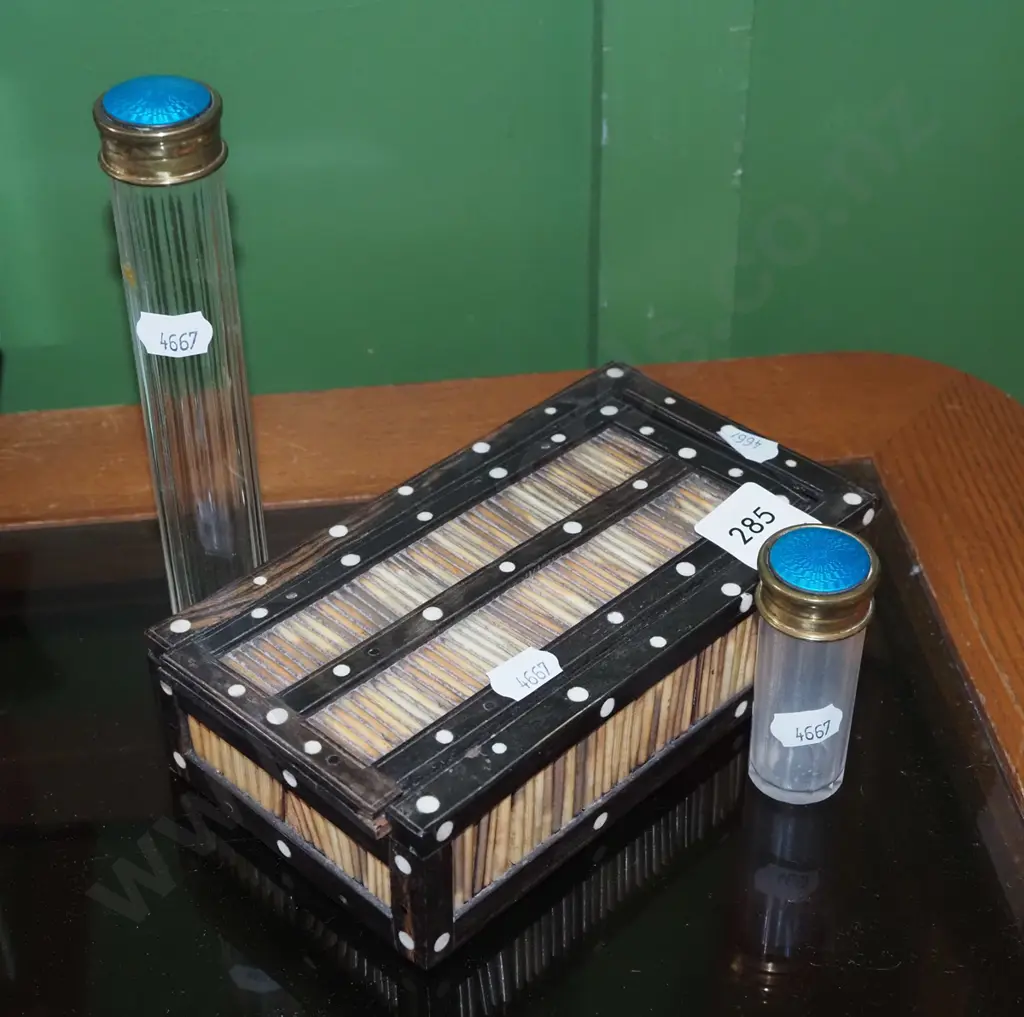 porcupine quill box, brass and enamel lidded canisters H170 Image 1++