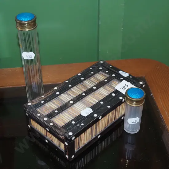 porcupine quill box, brass and enamel lidded canisters H170