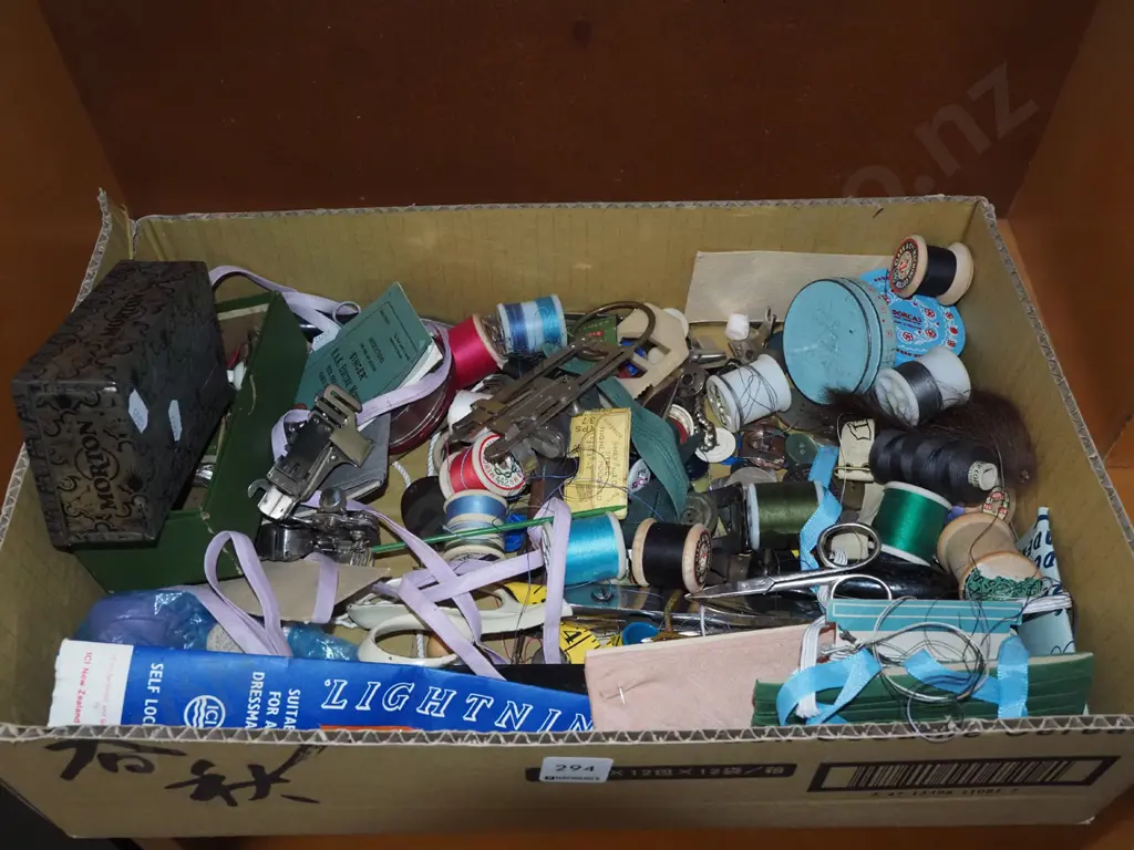 box of sewing acessories; threads, zips etc Image 1++