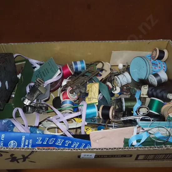 box of sewing acessories; threads, zips etc