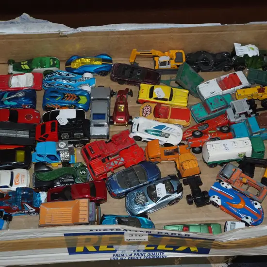box of toy vehicles