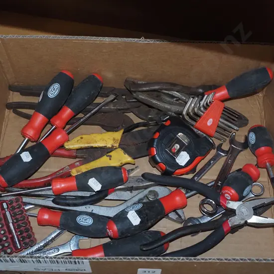 box; hand tools; screwdrivers, pliers etc