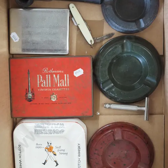 box; ashtrays, tobacco tins, pipe etc
