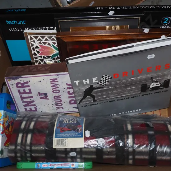 box; picnic rug, books, TV wall mount etc