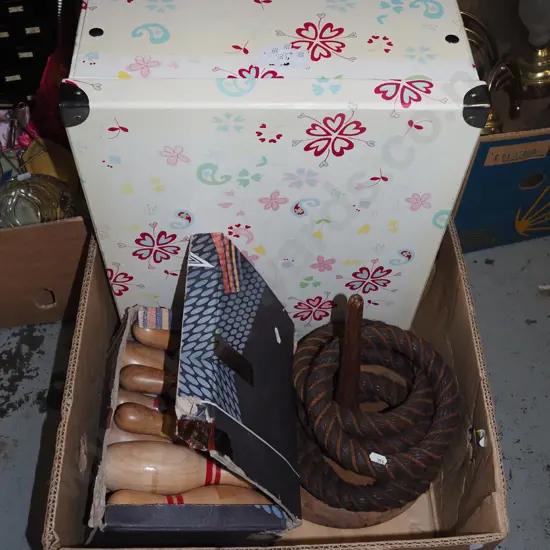 box; quoits game, skittles, storage box