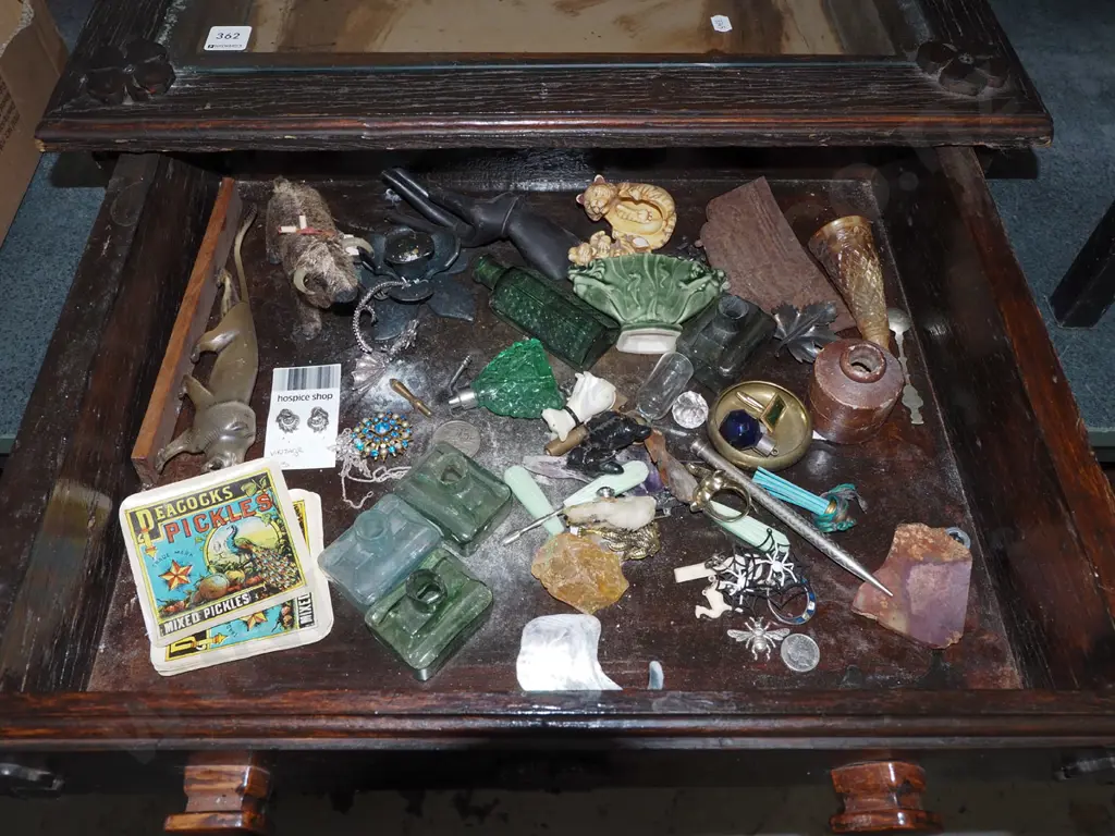 glass top display drawer and contents; ink bottles, figurines etc H150  W470 D590 Image 1++