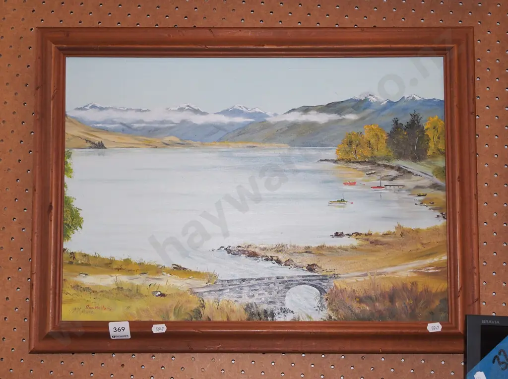 framed oil on board - landscape and lake and boats Image 1++