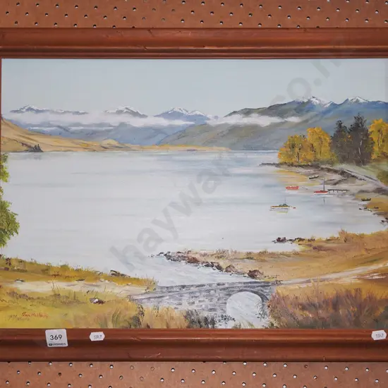 framed oil on board - landscape and lake and boats