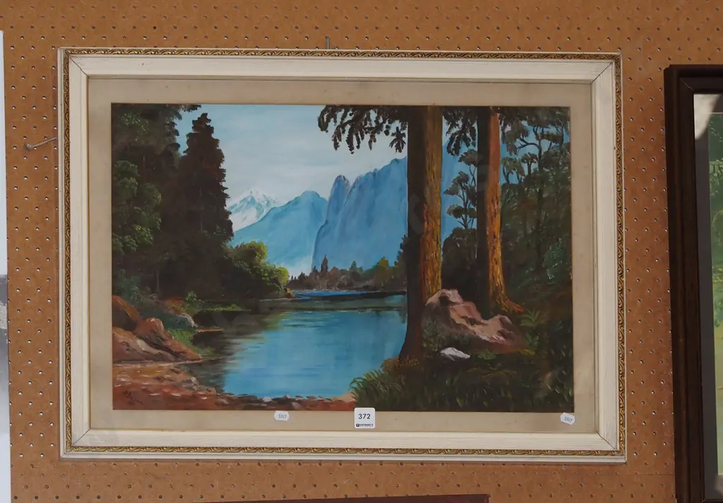 framed oil - lake and mountain scene Image 1++