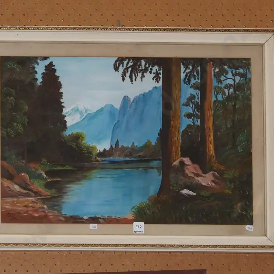 framed oil - lake and mountain scene