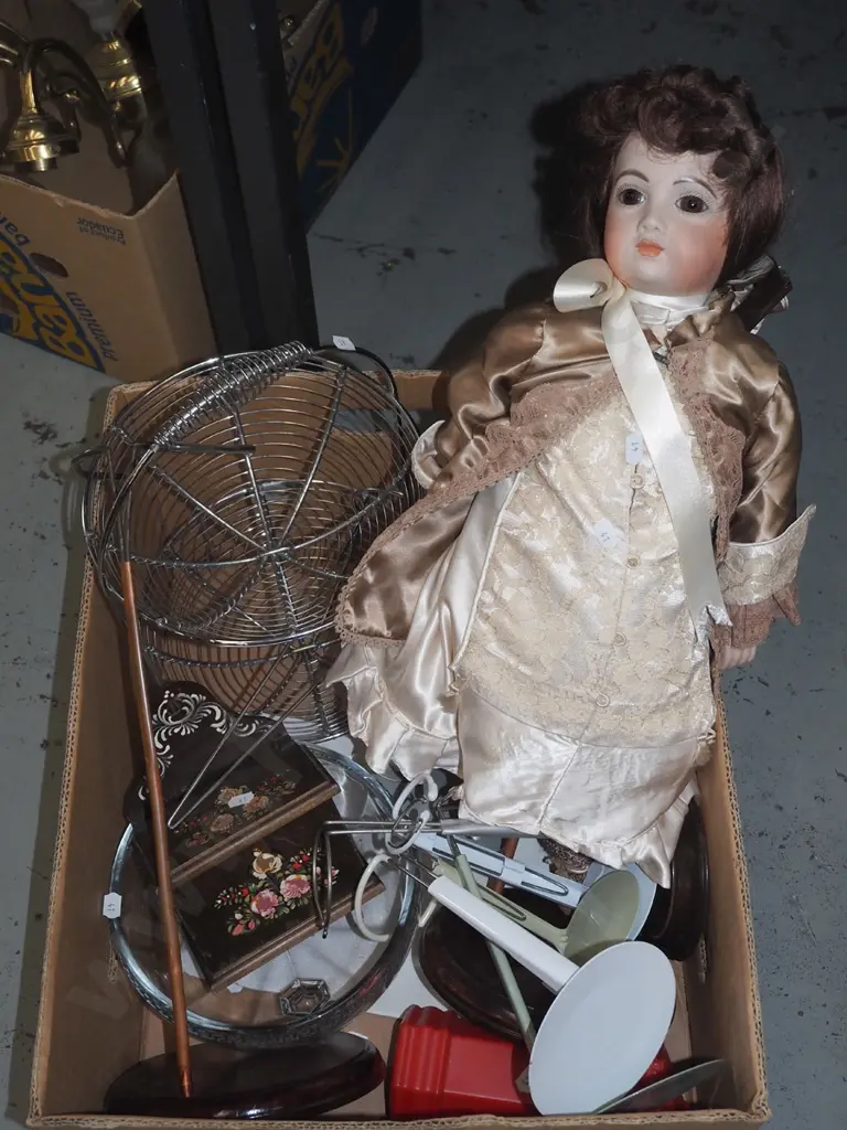 box; display doll and stand, wire fruit baskets etc Image 1++