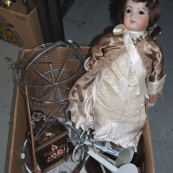box; display doll and stand, wire fruit baskets etc