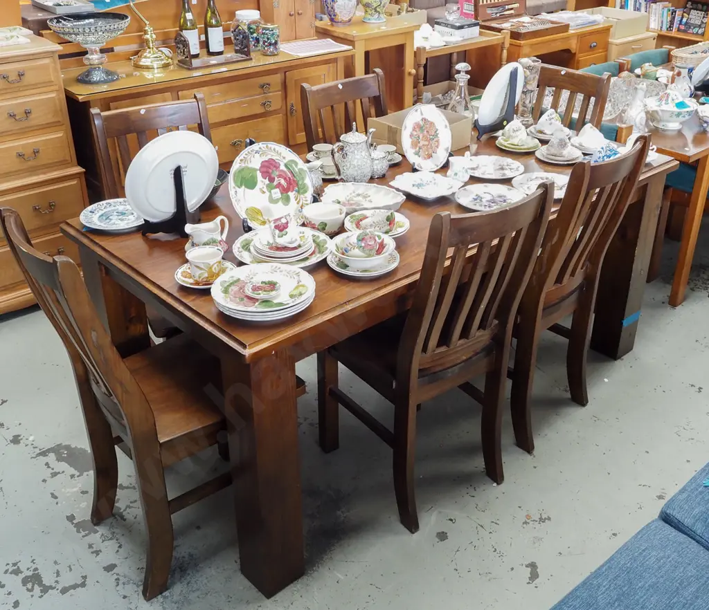 dark stained pine dining table with 6 chairs H785 W1810 D900 Image 1++