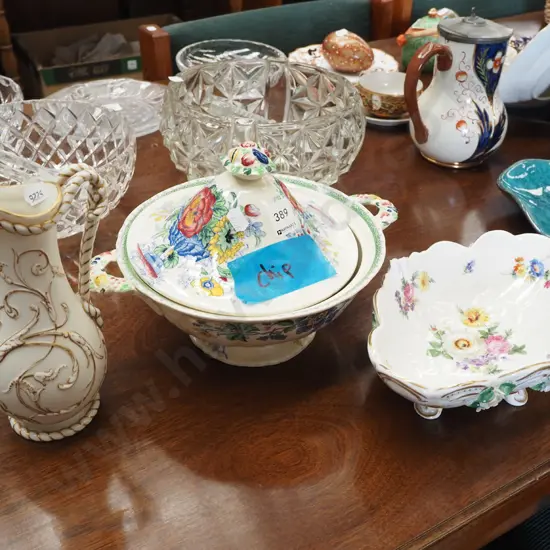 Masons lidded vege with chip, ewer vase, Italian footed bowl