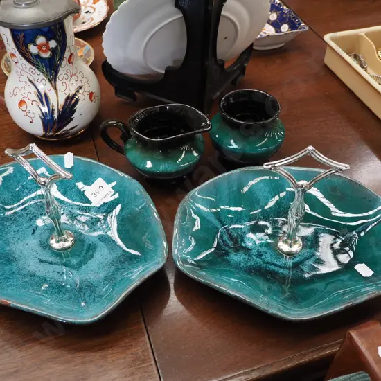 Blue Mountain serving dishes, creamer, sugar