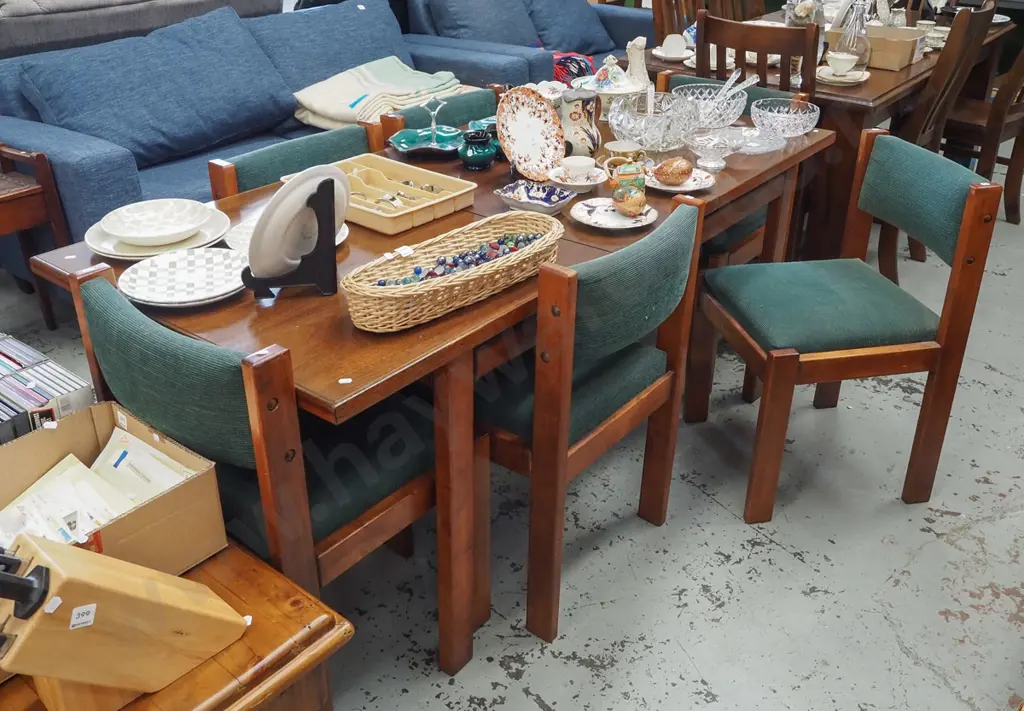 mahogany and veneer extending dining table with 6 green upholstered chairs H730 W1790 D810 Image 1++