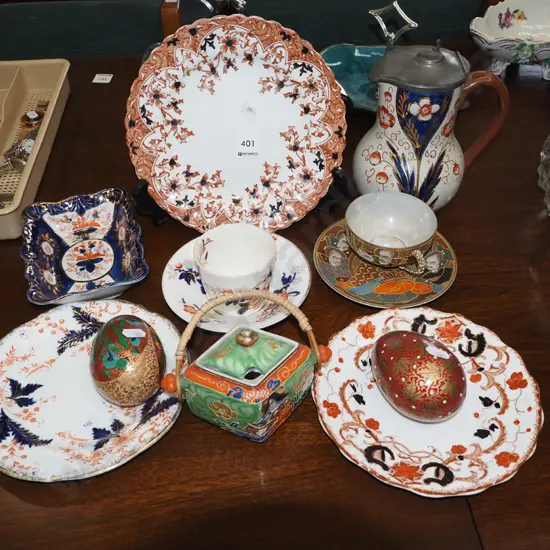 ceramic and pewter lidded jug, geisha cup and saucer etc