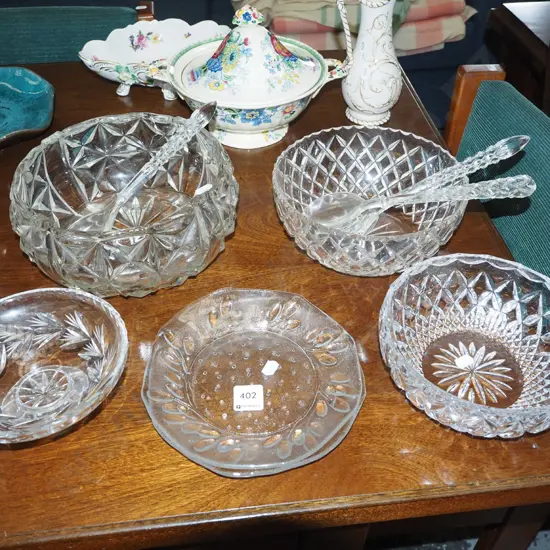 glass and crystal bowls, salad servers etc