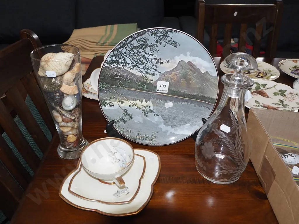 Royal Doulton picture plate, lidded crystal decanter, trio etc Image 1++