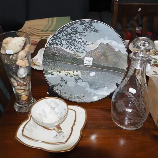 Royal Doulton picture plate, lidded crystal decanter, trio etc