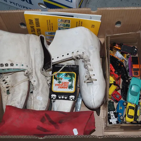 box; model vehicles, ice skates etc