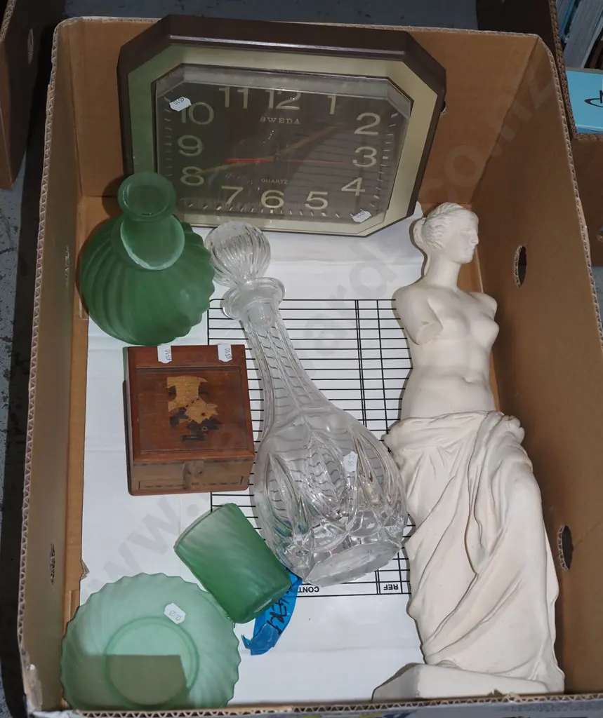 box; plaster statue, wall clock, decanter etc Image 1++