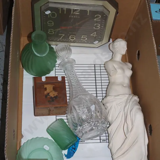 box; plaster statue, wall clock, decanter etc