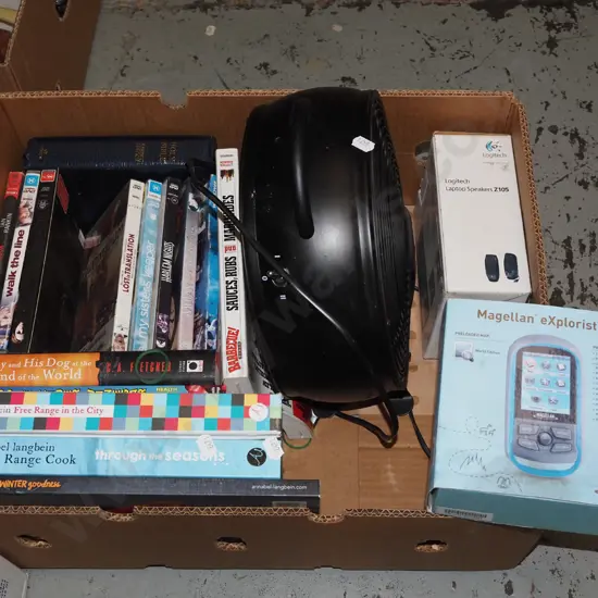 box; cookbooks, DVDs, electric fan etc